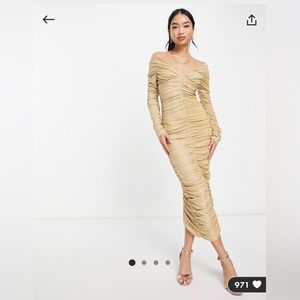 Bardot off shoulder gold ruched gown